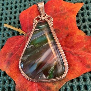Sterling Silver Statement Dichroic Glass Pendant in Greens, Blues, and Brown